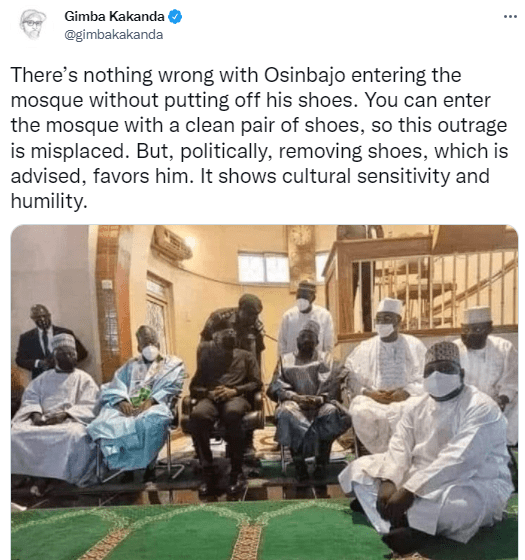 Nigerians on Twitter argue over photo of Osinbajo wearing his shoe inside a mosque in Kano