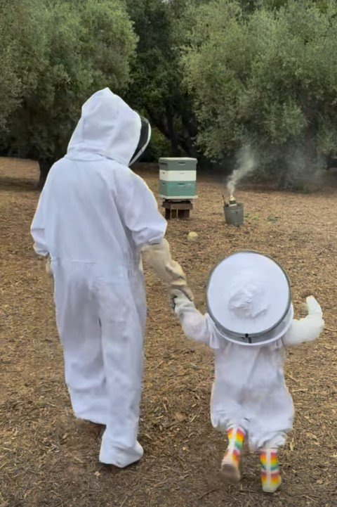 A person and a child in beekeeping suits near beehives.