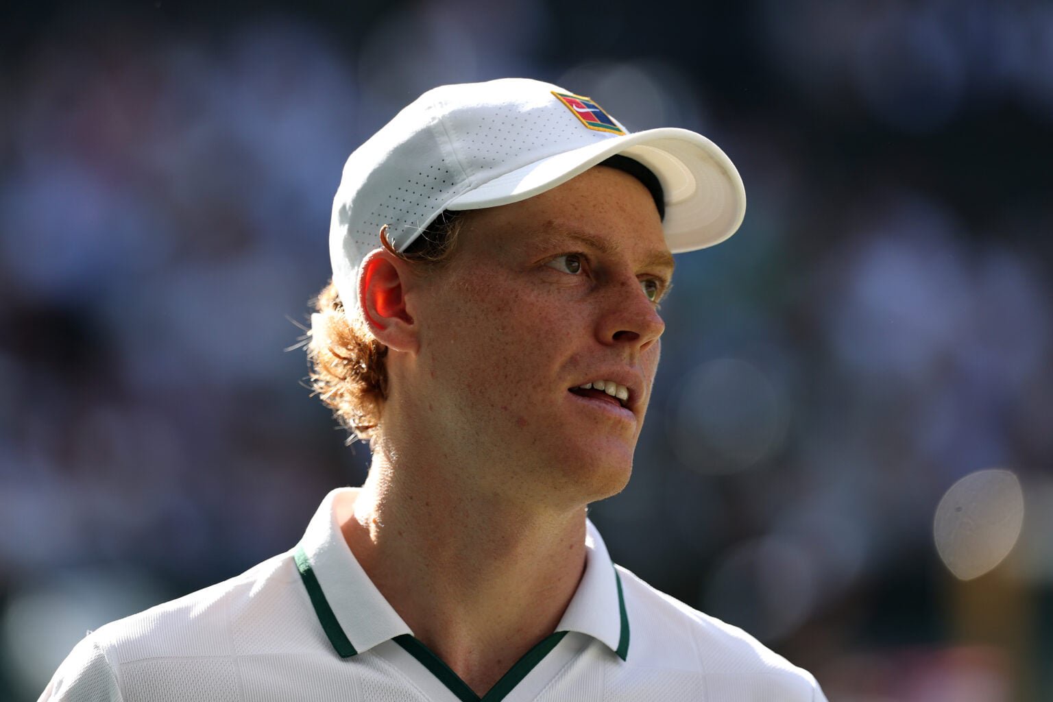 Jannik Sinner of Italy looks on against Alexander Zverev of Germany during their Gentlemen's Singles final match on day fourteen of The Championships Wimbledon 2026 at All England Lawn Tennis and Croquet Club on July 12, 2026 in London, England.