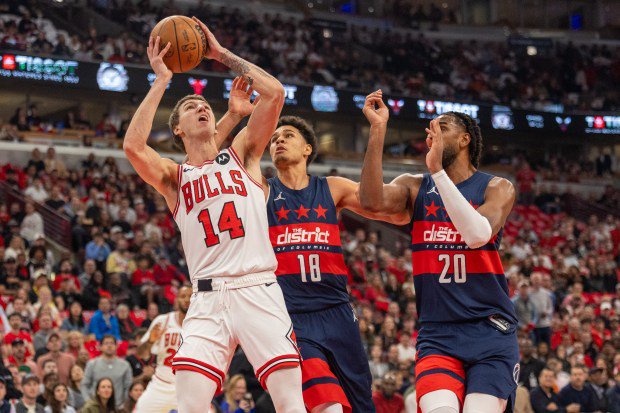 Bulls forward Matas Buzelis (14) puts up a shot against the Wizards on Saturday, Oct. 24, 2026, at the United Center. (Arthur Maiorella/Chicago Tribune)