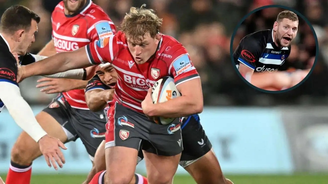 Jac Morgan and Finn Russell (inset) in action during Gloucester v Bath in the Gallagher PREM.