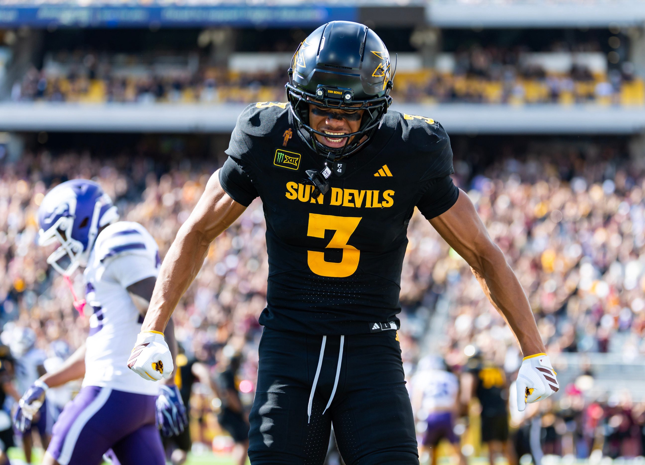 Oct 24, 2026; Tempe, Arizona, USA; Arizona State Sun Devils wide receiver Reed Harris (3) celebrates a touchdown against the Kansas State Wildcats in the first half at Mountain America Stadium. Mandatory Credit: Mark J. Rebilas-Imagn Images