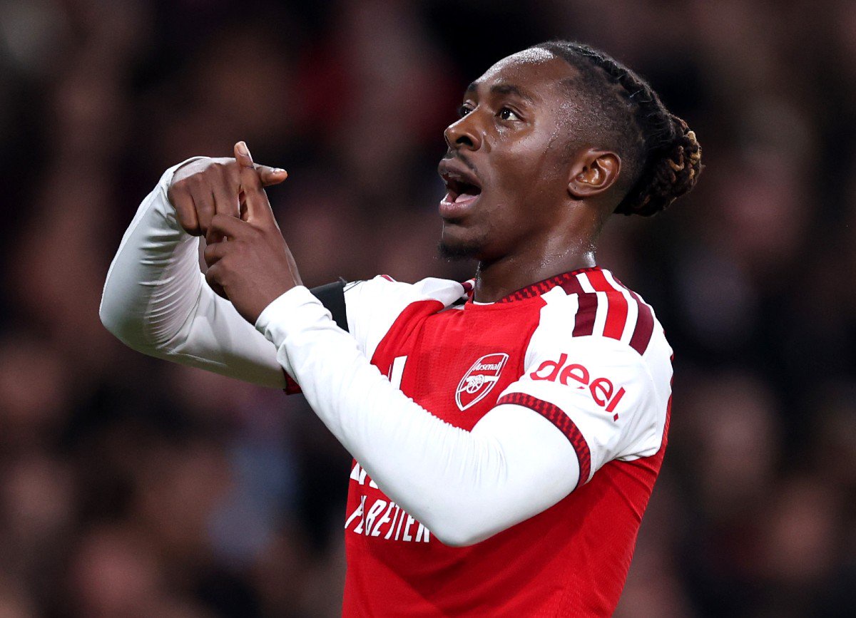 Eberechi Eze celebrates a goal for Arsenal