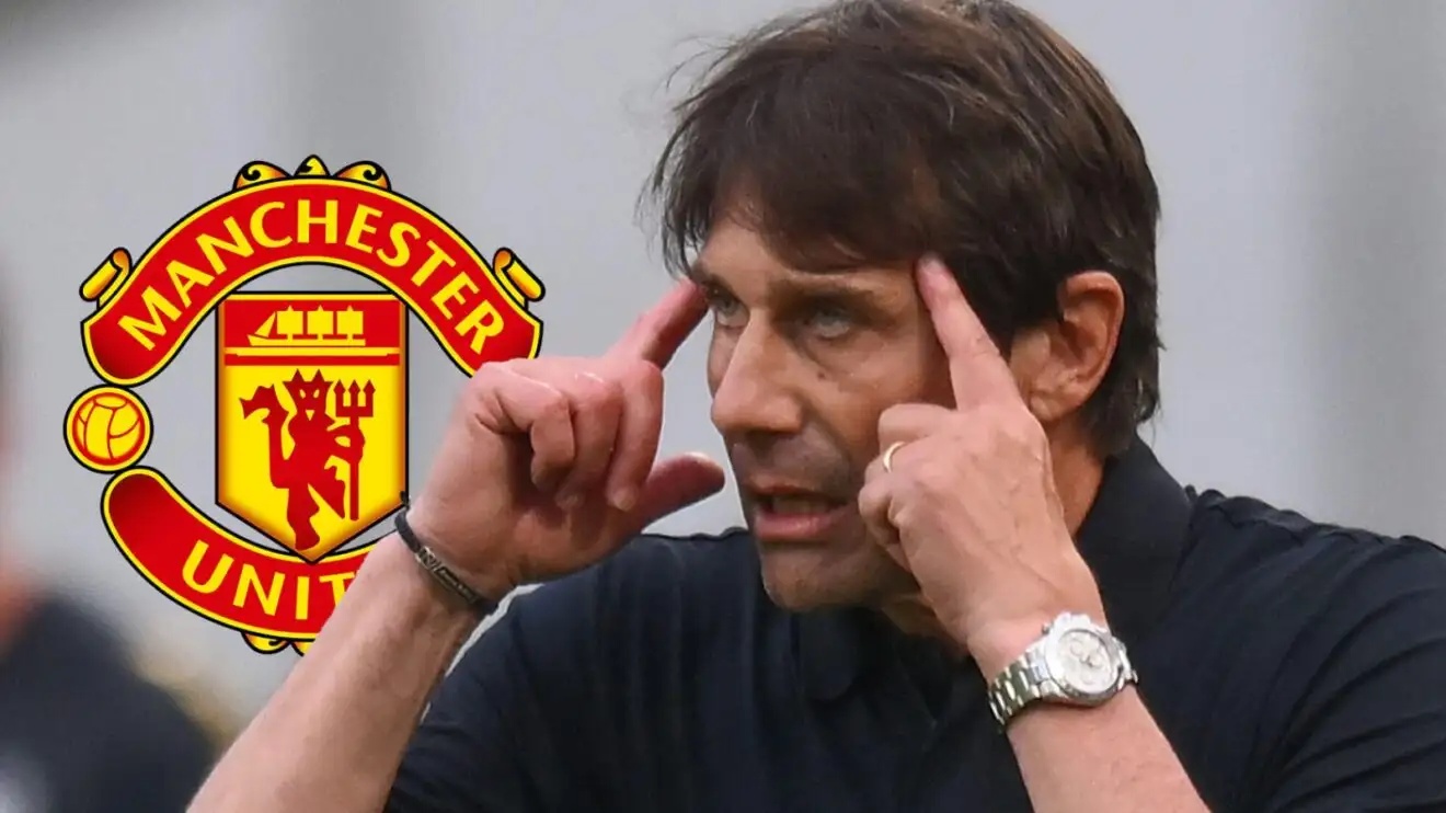 Antonio Conte and the badge of Manchester United.