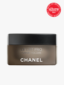 Chanel Le Lift Pro Crème Volume in translucent taupe jar with black lid on light gray background with allure best of beauty 2023 seal