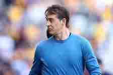 Julen Lopetegui, Manager of Wolverhampton Wanderers, looks on prior to the Premier League match between Wolverhampton Wanderers and Everton FC at M...