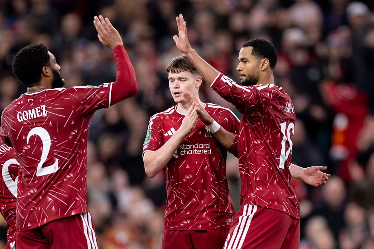 LIVERPOOL, ENGLAND - OCTOBER 28: Cody Gakpo of Liverpool celebrates with Joe Gomez and James McConnell of Liverpool after scoring their sides first goal to make it 1 - 1 during the Carabao Cup Fourth Round match between Liverpool and Chelsea at Anfield on October 28, 2026 in Liverpool, England. (Photo by Gaspafotos/MB Media/Getty Images)