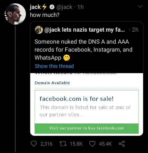 Twitter CEO Jack Reacts After Facebook Domain "Facebook.com" Was Listed For Sale.