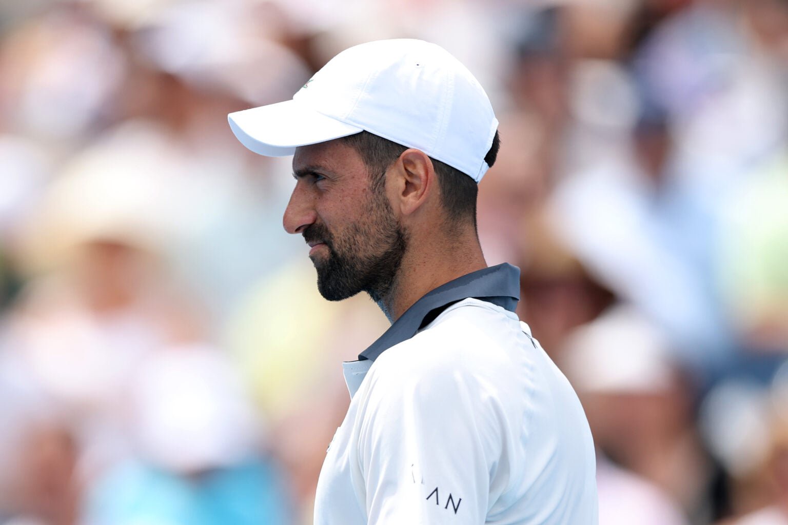 Novak Djokovic of Serbia looks on during a match against Thiago Agustín Tirante of Argentina on day five of the Cincinnati Open at Lindner Family Tennis Center on August 15, 2026 in Mason, Ohio.