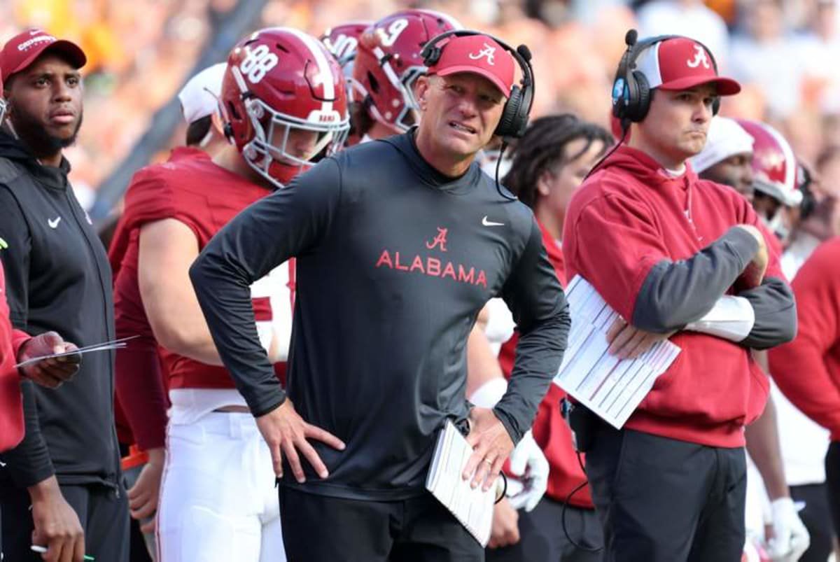 Oct 17, 2026; Knoxville, Tennessee, USA; Alabama Crimson Tide head coach Kalen DeBoer reacts during the first half against the Tennessee Volunteers at Neyland Stadium. © Randy Sartin-Imagn Images