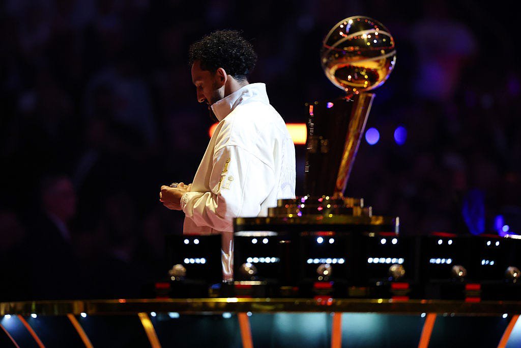 NEW YORK, NEW YORK - OCTOBER 20: Landry Shamet #44 of the New York Knicks inspects his Championship ring during the Ring Ceremony prior to the game against the Philadelphia 76ers at Madison Square Garden on October 20, 2026 in New York City. NOTE TO USER: User expressly acknowledges and agrees that, by downloading and or using this photograph, User is consenting to the terms and conditions of the Getty Images License Agreement. (Photo by Sarah Stier/Getty Images)