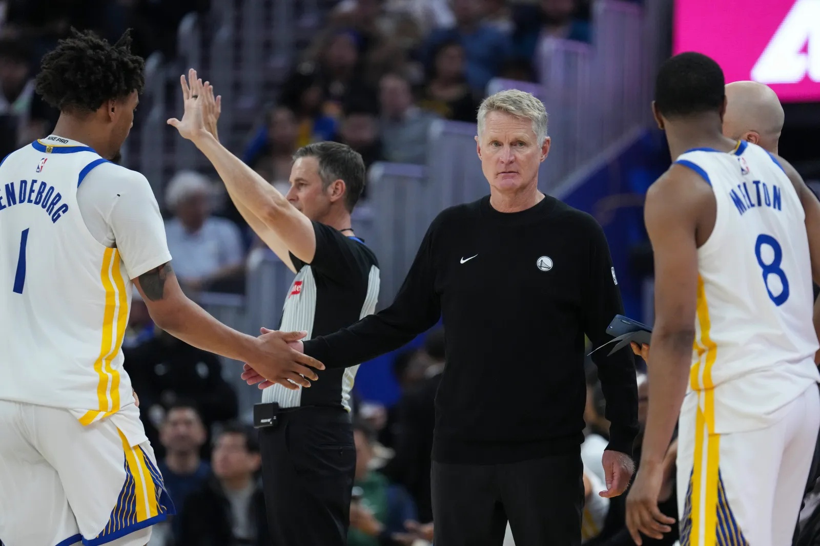 Golden State Warriors head coach Steve Kerr and small forward Yaxel Lendeborg