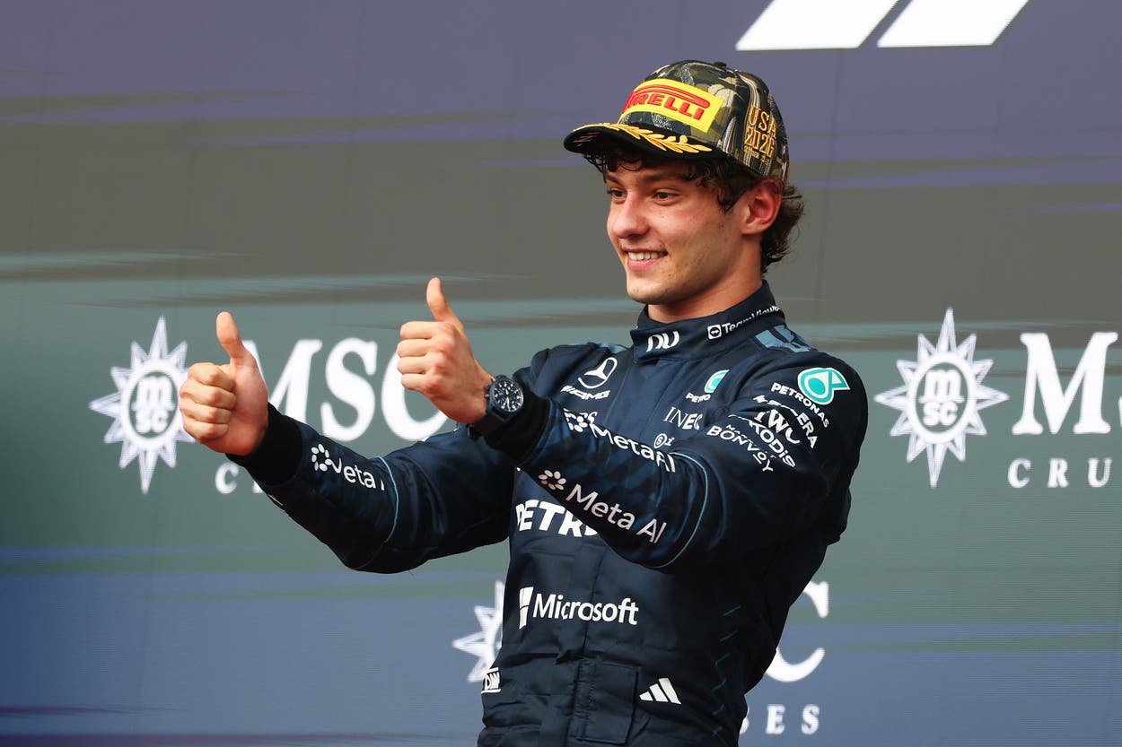 Kimi Antonelli celebrates his win in Austin