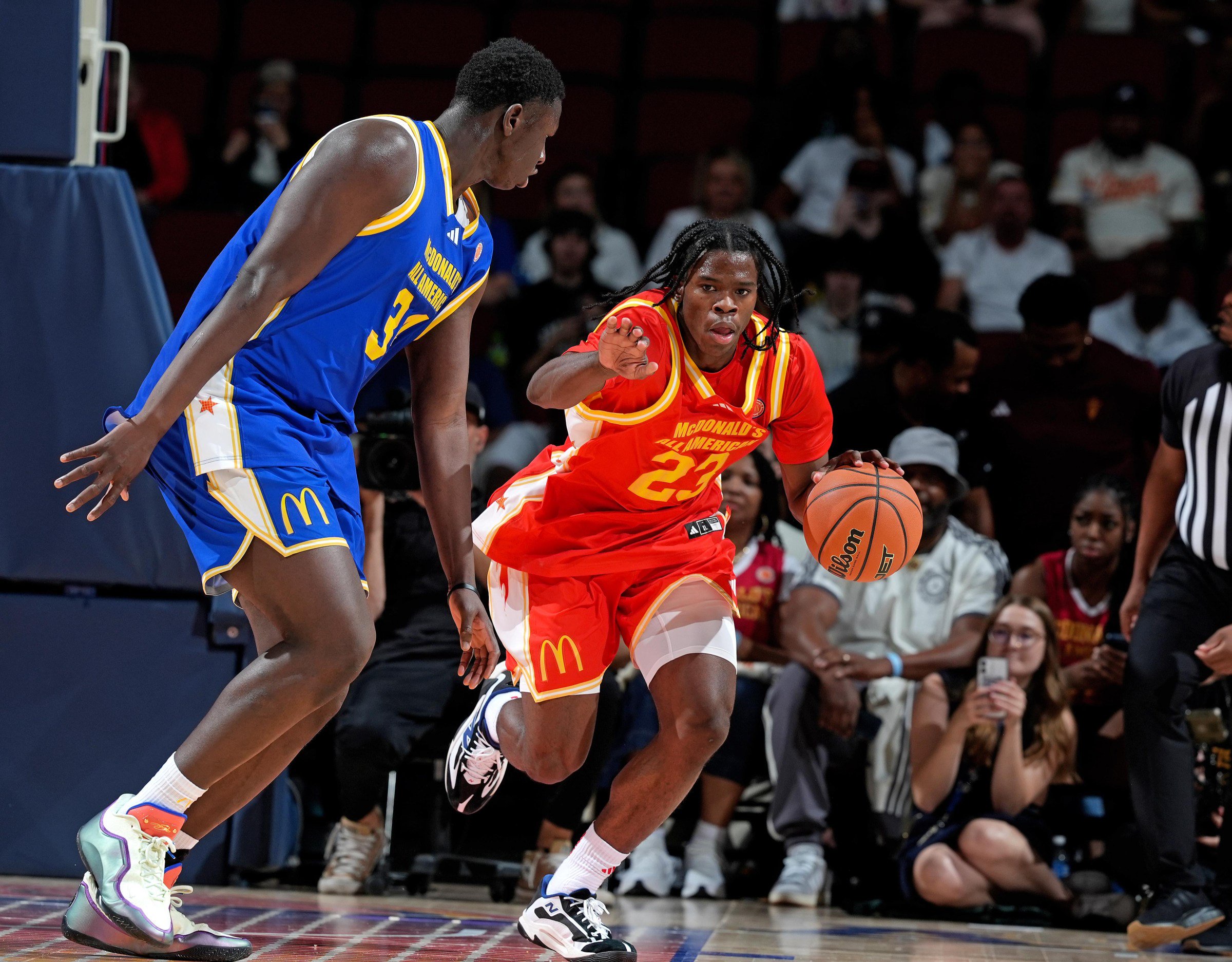 GLENDALE, AZ - MARCH 31: McDonalds High School All American East guard Jordan Smith Jr. (23) brings the ball up court during the 49th McDonald’s High School All American Boys Game on March 31, 2026, at Desert Diamond Arena in Glendale, Arizona. (Photo by Brian Spurlock/Icon Sportswire via Getty Images)