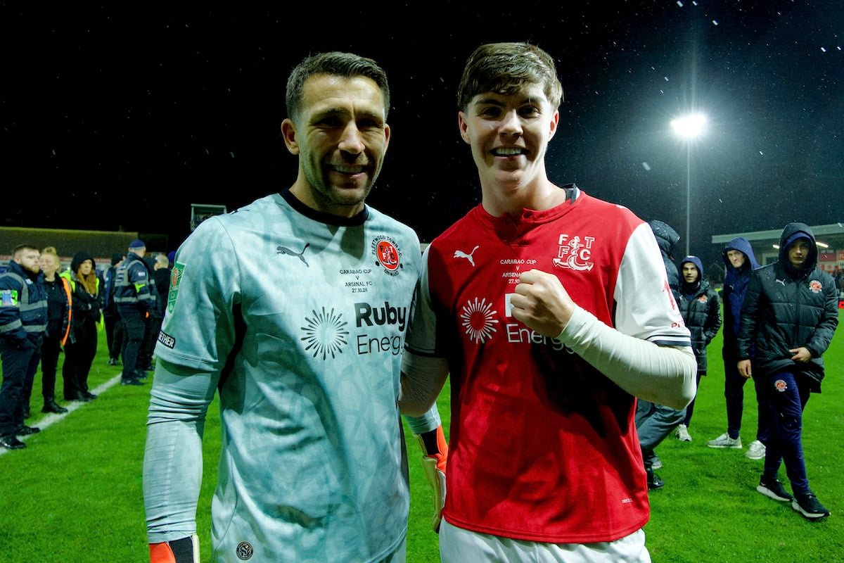 FLEETWOOD, ENGLAND - Tuesday, October 27, 2026: Fleetwood Town's goalkeeper Jay Lynch and Conor Haughey celebrate after their side's penalty shoot-out victory during the Football League Cup 4th Round match between Fleetwood Town FC and Arsenal FC at Highbury Stadium. (Photo by David Rawcliffe/Propaganda)