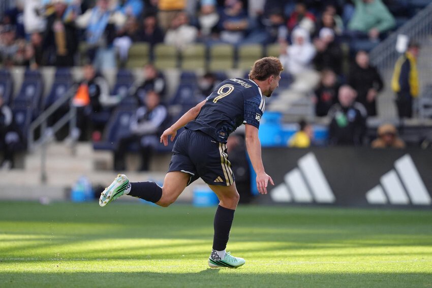 Philadelphia Union forward Bruno Damiani (9) reacts after scoring a goal against Charlotte FC in the second half at Subaru Park.