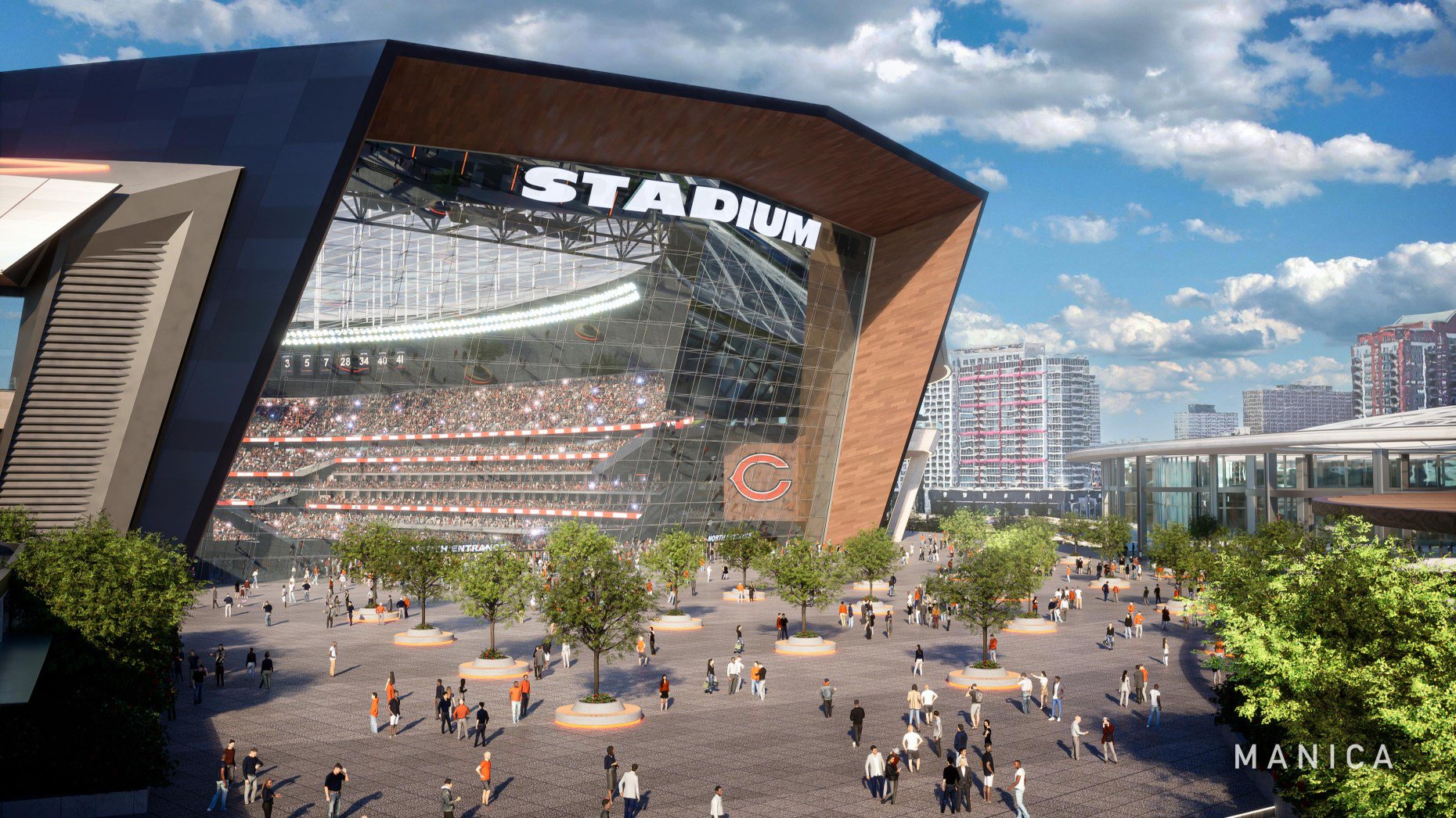 An artist's rendering of an enclosed stadium with open space...
