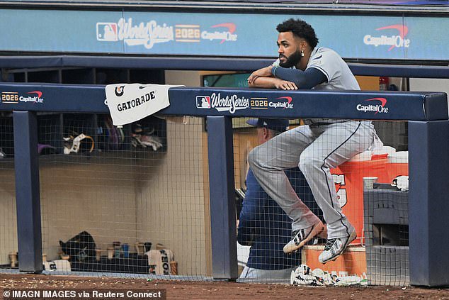 Rays third baseman Junior Caminero looks on after Tampa Bay dropped Game 2 on Saturday