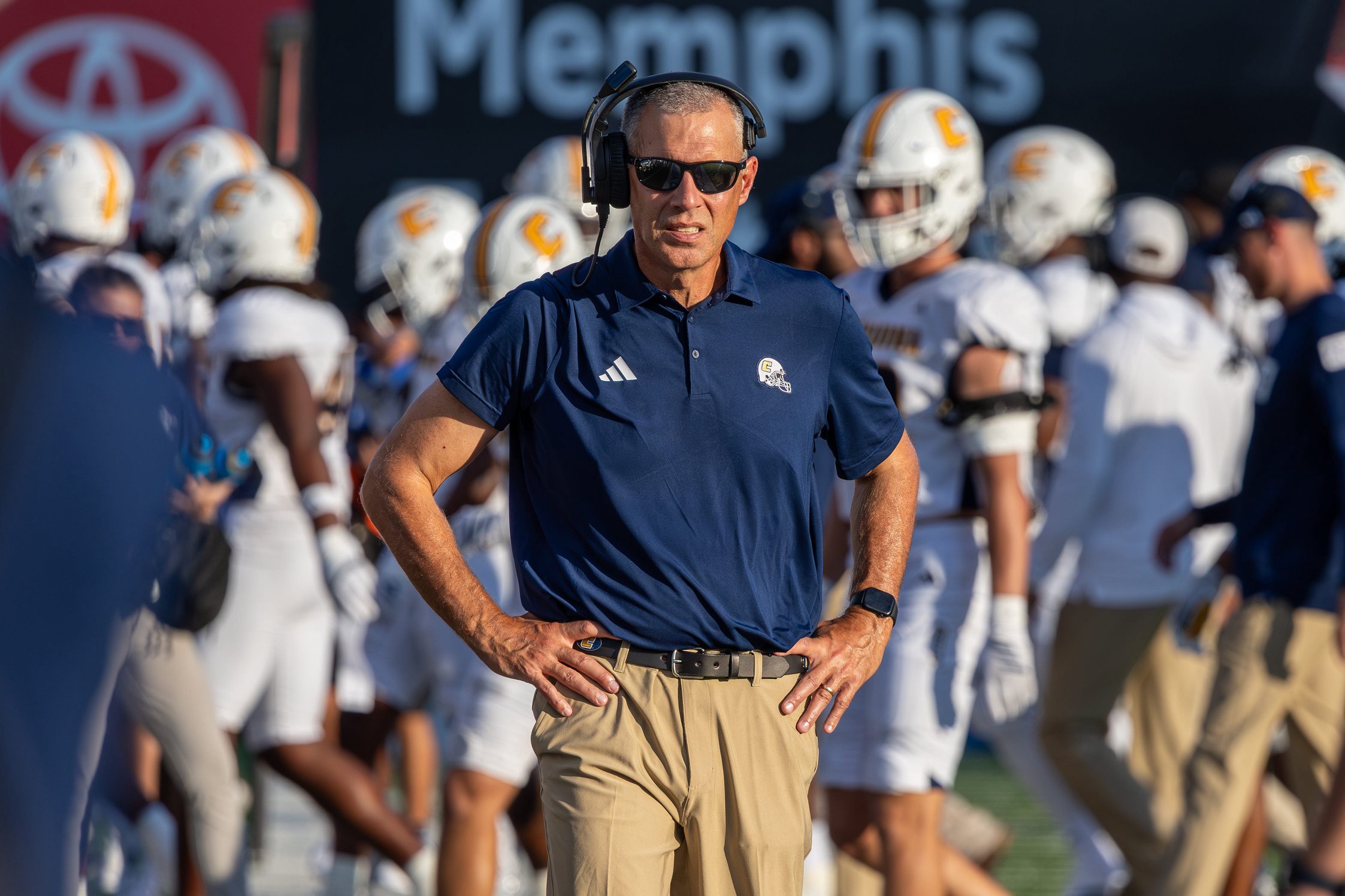 Aug 30, 2025; Memphis, Tennessee, USA; Chattanooga Mocs Head Coach Rusty Wright looks on during the second half against the Memphis Tigers Simmons Bank Liberty Stadium. Mandatory Credit: Wesley Hale-Imagn Images