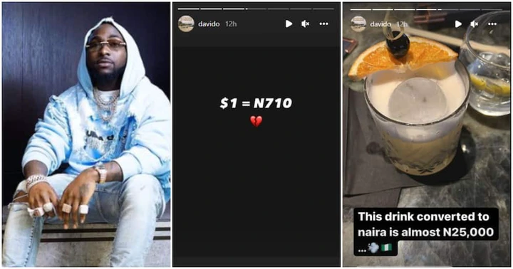 Davido Laments As Naira Crashes to N710 per Dollar Says His Glass of Drink in Naira Is 25000 – Fans React