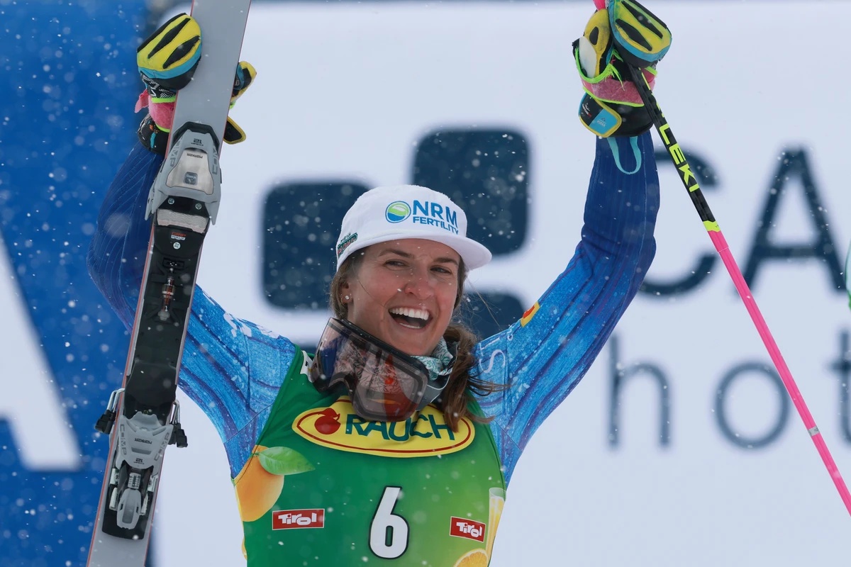United States' Paula Moltzan celebrates winning an alpine ski, women's World Cup giant slalom, in Soelden, Austria, Saturday, Oct. 24, 2026. (AP Photo/Alessandro Trovati)
Paula Moltzan
