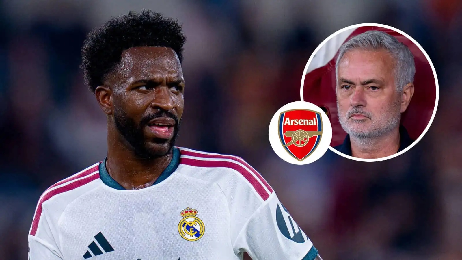 Real Madrid winger Vinicius Junior, Arsenal badge and Jose Mourinho - copyright TEAMtalk