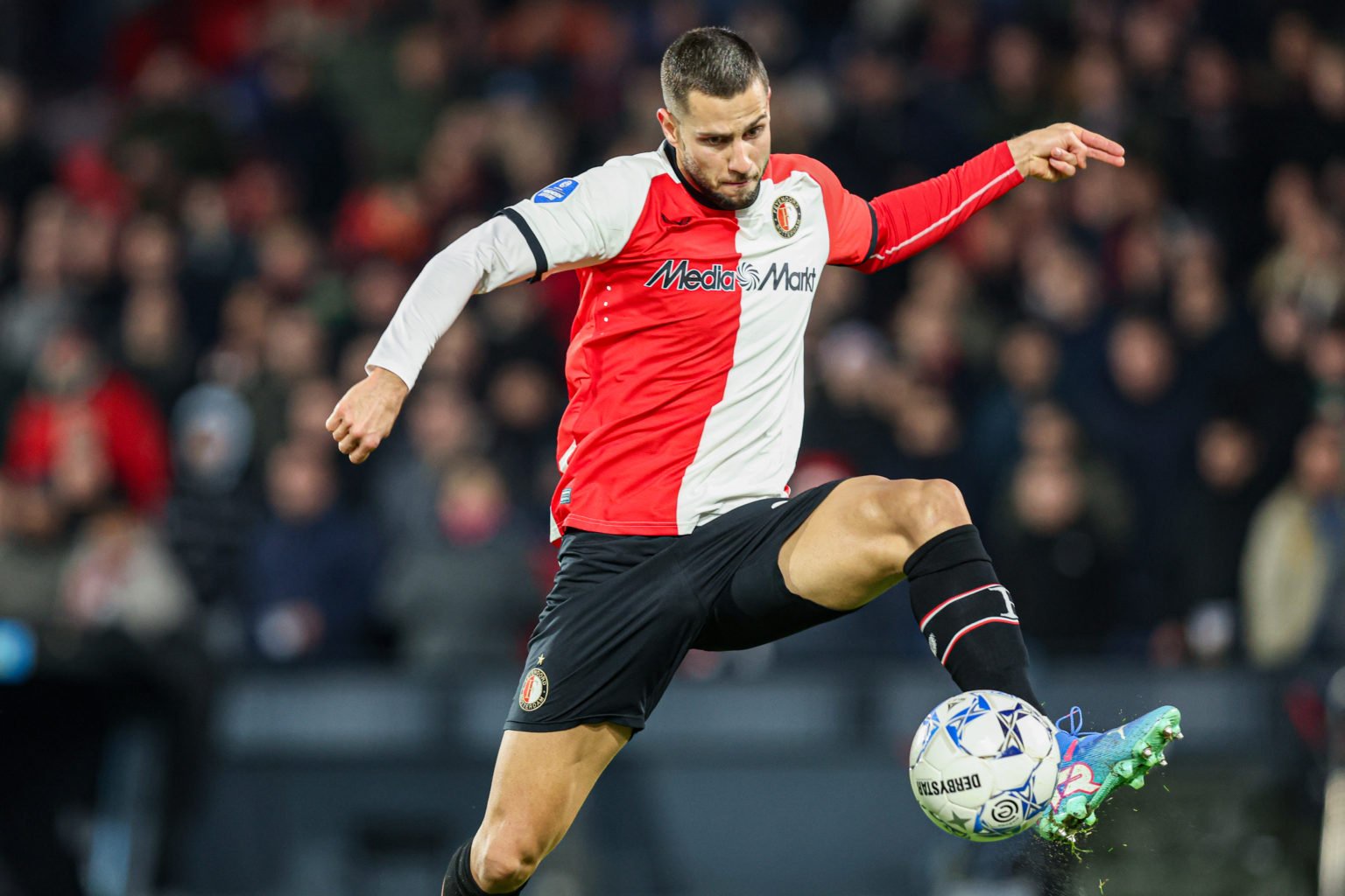 David Hancko of Feyenoord scores the fourth goal during the Dutch Eredivisie match between Feyenoord and Heracles Almelo at Stadion Feyenoord on De...