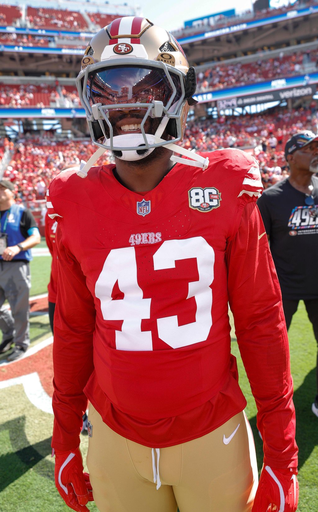 San Francisco 49ers player in uniform on the field.