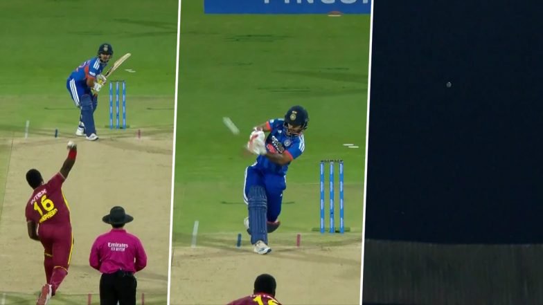 Ishan Kishan Six Video: Watch Indian Batter Smash Massive Six Out of the Ground Off Romario Shepherd During IND vs WI 5th T20I 2026
