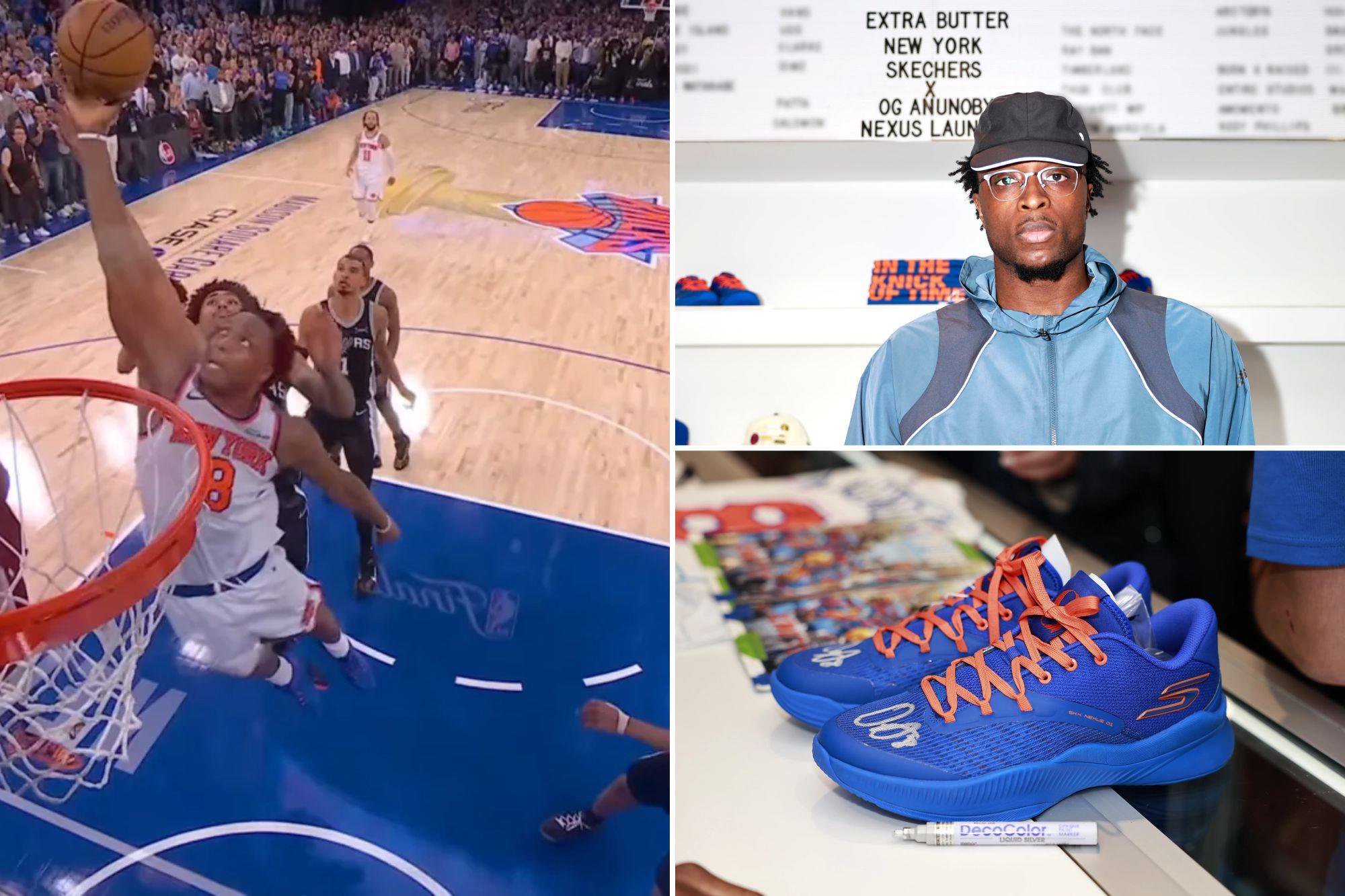 An image collage containing 3 images, Image 1 shows OG Anunoby scores a game-winner tip-in against the Spurs, Image 2 shows Ogugua "OG" Anunoby Jr. at the SKX Nexus "NYC Blue" launch, Image 3 shows A pair of Skechers SKX Nexus "NYC Blue" sneakers with orange laces, signed with a silver marker, on display at Extra Butter