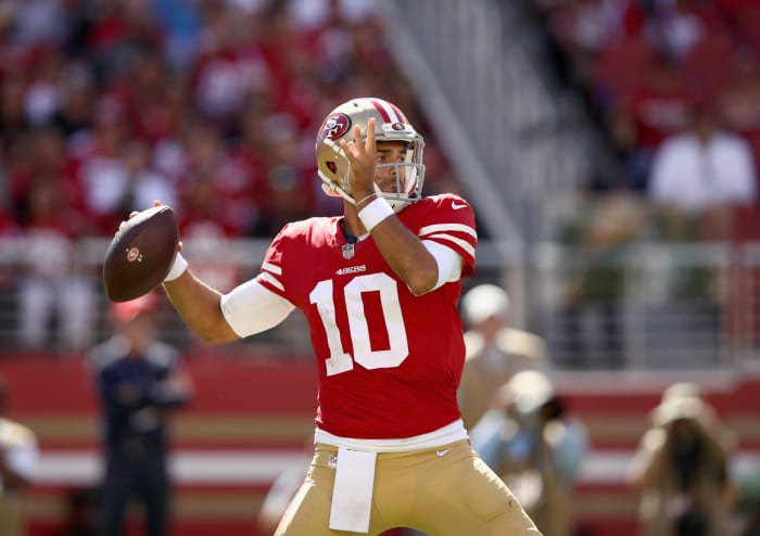 San Francisco 49ers QB Jimmy Garoppolo dropping back for a pass.