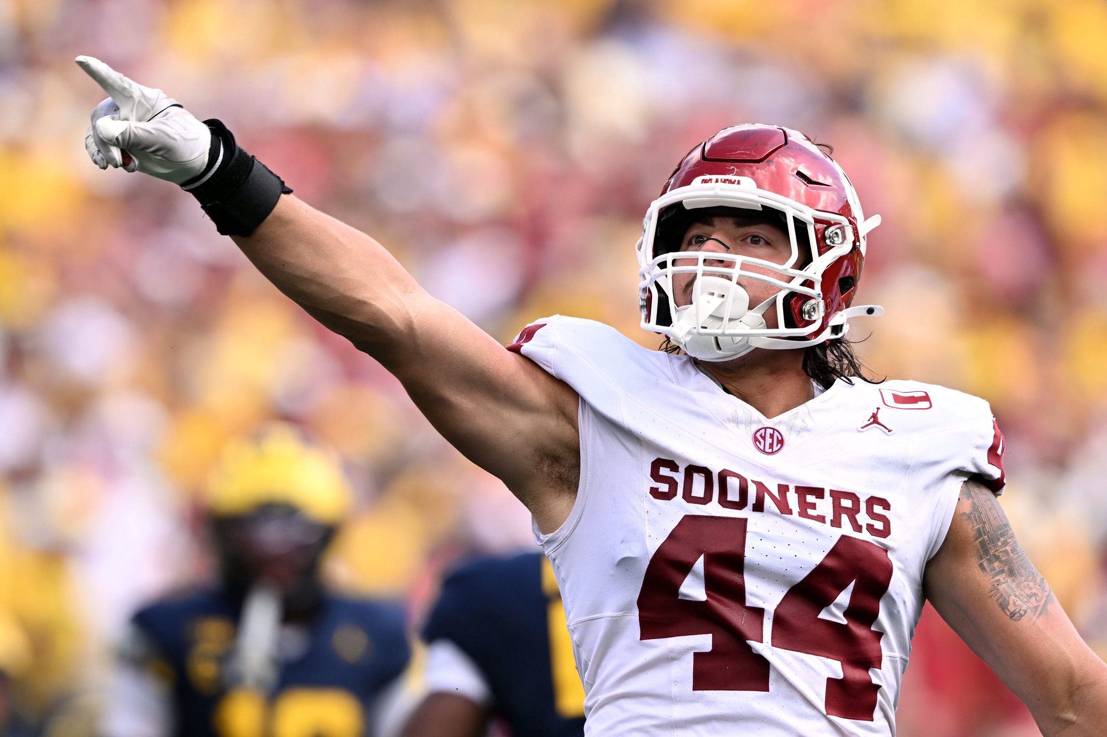 Sep 12, 2026; Ann Arbor, Michigan, USA;  Oklahoma Sooners defensive line Taylor Wein (44) reacts after a play against the Michigan Wolverines during the fourth quarter at Michigan Stadium.  Mandatory Credit: Lon Horwedel-Imagn Images