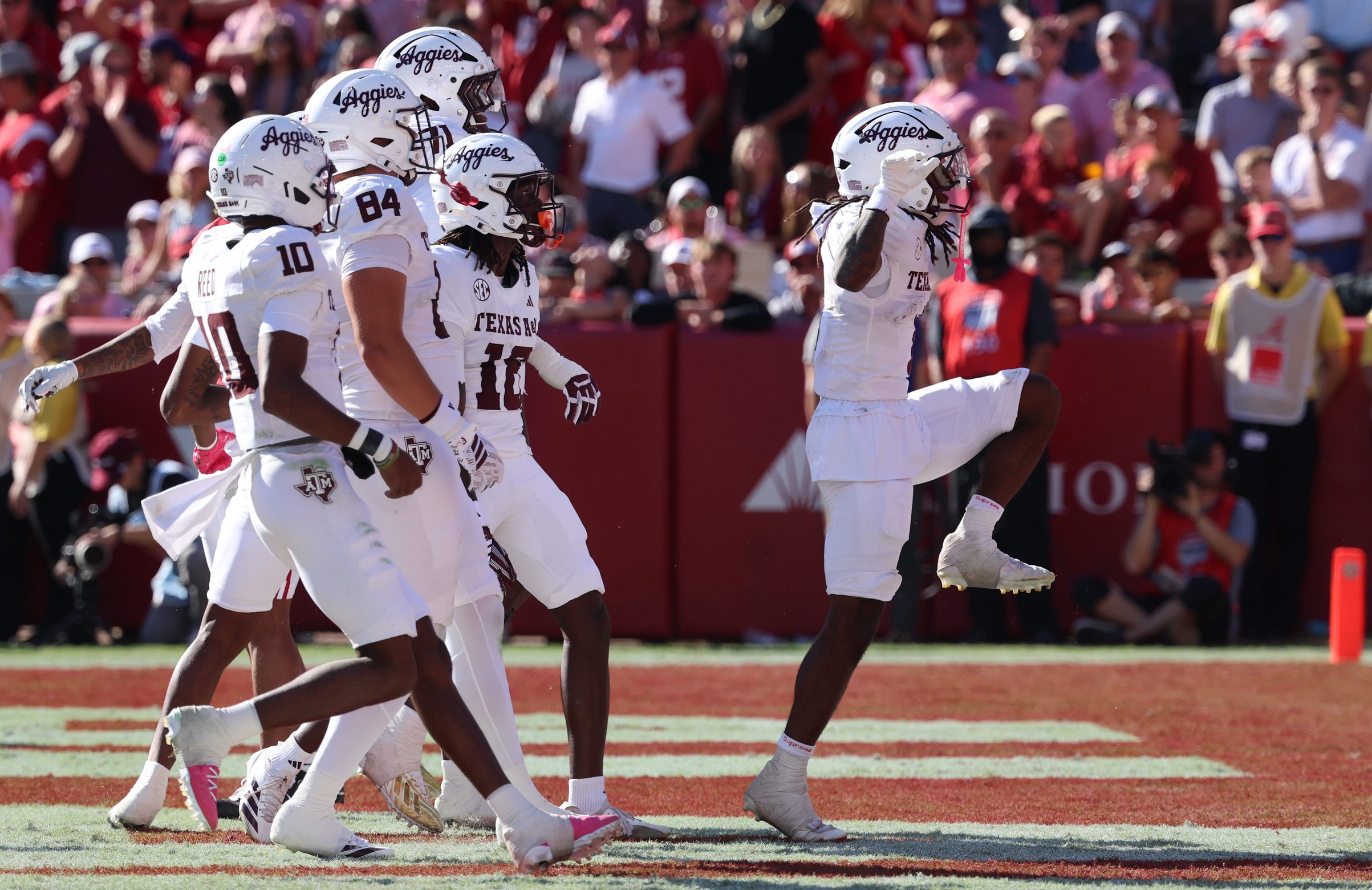 Oct 24, 2026; Tuscaloosa, Alabama, USA;  Texas A&amp;M Aggies wide receiver Mario Craver (1) celebrates after a touchdown against the Alabama Crimson Tide during the first half at Saban Field at Bryant-Denny Stadium.  Mandatory Credit: David Leong-Imagn Images