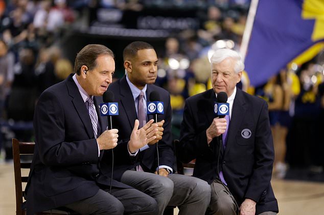 FILE - CBS broadcasters Jim Nantz, Grant Hill and Bill Raftery give commentary before an NCAA college basketball game during the semifinals of the Big Ten Conference tournament in Indianapolis, March 12, 2016. (AP Photo/Michael Conroy, File)