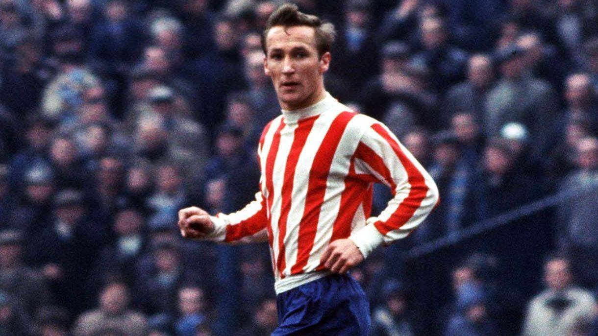 Peter Dobing playing in Stoke City's famous red and white striped shirt against his former club Manchester City at Maine Road (20 March 1969)
