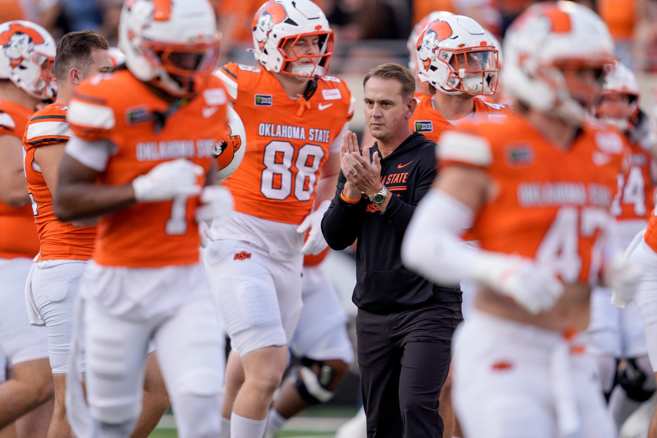 Oklahoma State coach Eric Morris stands on the field before a college football game between the Oklahoma State Cowboys (OSU) and the Colorado Buffaloes at Boone Pickens Stadium in Stillwater, Okla., Saturday, Oct. 24, 2026.