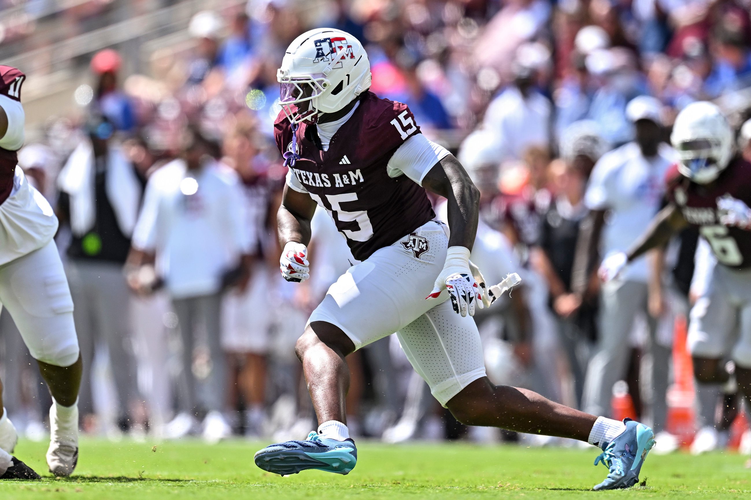 Sep 12, 2026; College Station, Texas, USA; Texas A&amp;M Aggies defensive end Sam M'pemba (15) defends in coverage against Arizona State Sun Devils at Kyle Field. Mandatory Credit: Maria Lysaker-Imagn Images