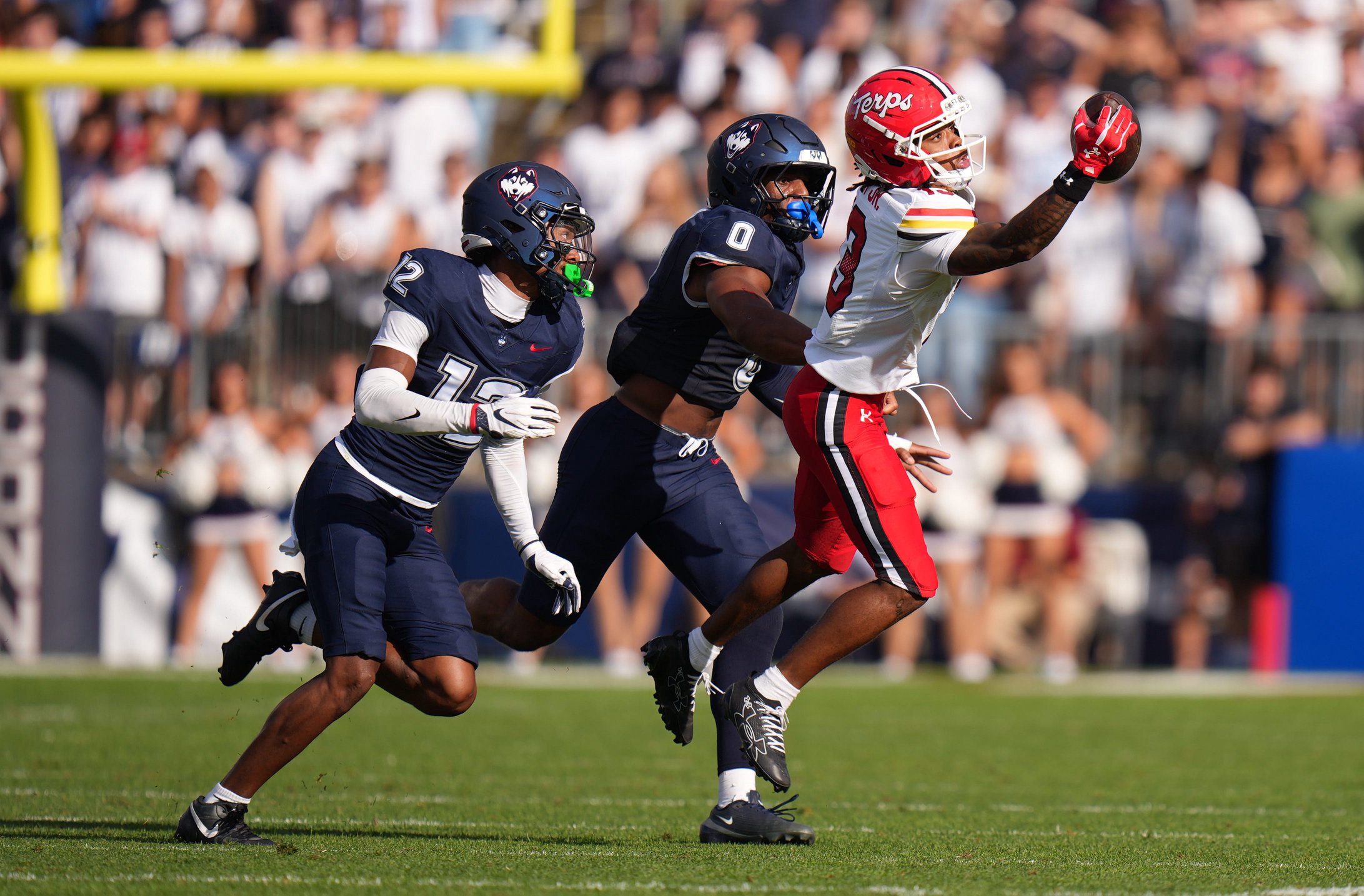 Sep 12, 2026; East Hartford, Connecticut, USA; Maryland Terrapins wide receiver Chris Durr Jr. (13) makes the one handed catch against the UConn Huskies in the first quarter at Pratt &amp; Whitney Stadium at Rentschler Field. Mandatory Credit: David Butler II-Imagn Images