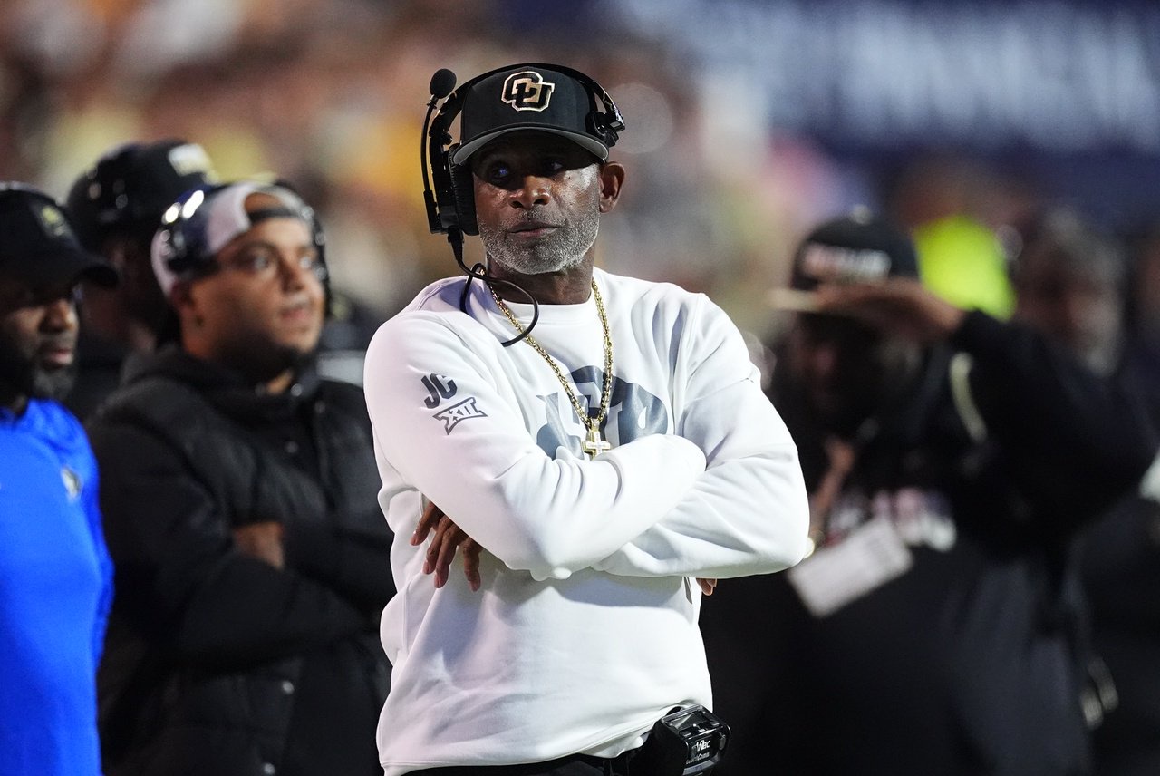 Colorado head coach Deion Sanders in the first half of an NCAA college football game Saturday, Oct. 17 2026, in Boulder, Colo. (AP Photo/David Zalubowski)