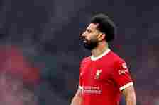 Mohamed Salah of Liverpool looks on during the Premier League match between Liverpool FC and Manchester City at Anfield on March 10, 2024 in Liverp...