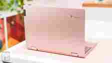 Pink Chromebook viewed from the back