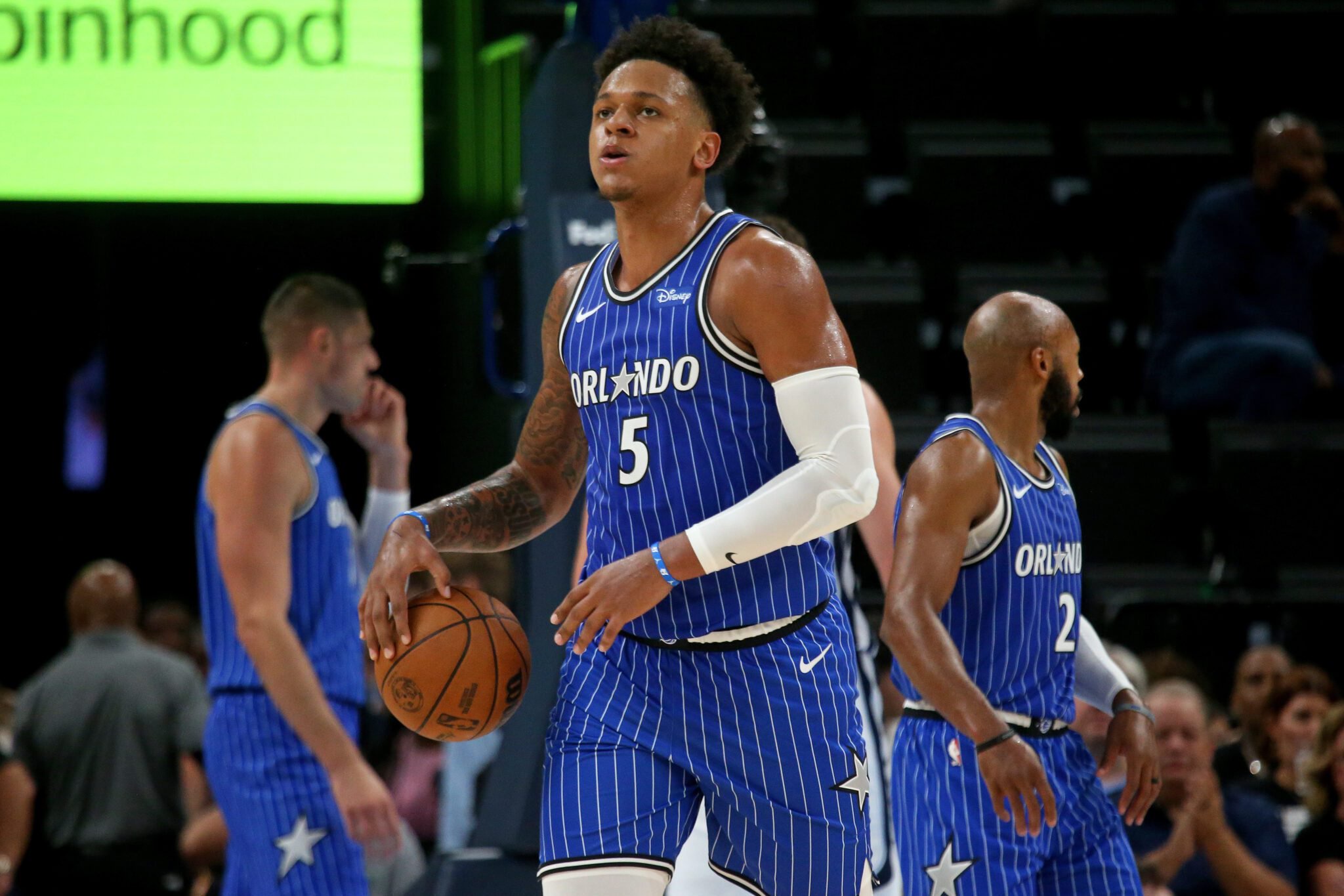 Oct 7, 2026; Memphis, Tennessee, USA; Orlando Magic forward Paolo Banchero (5) reacts during the second quarter against the Memphis Grizzlies at FedExForum. Mandatory Credit: Petre Thomas-Imagn Images