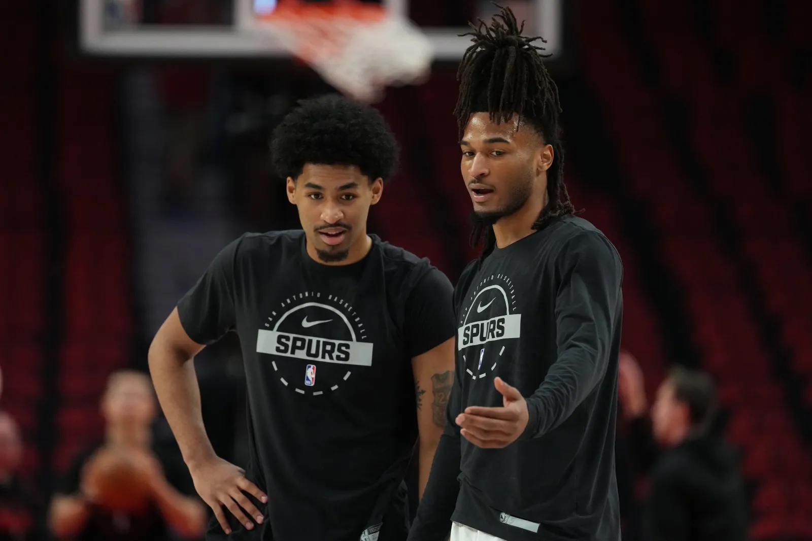 Dylan Harper #2 and Stephon Castle #5 of the San Antonio Spurs.