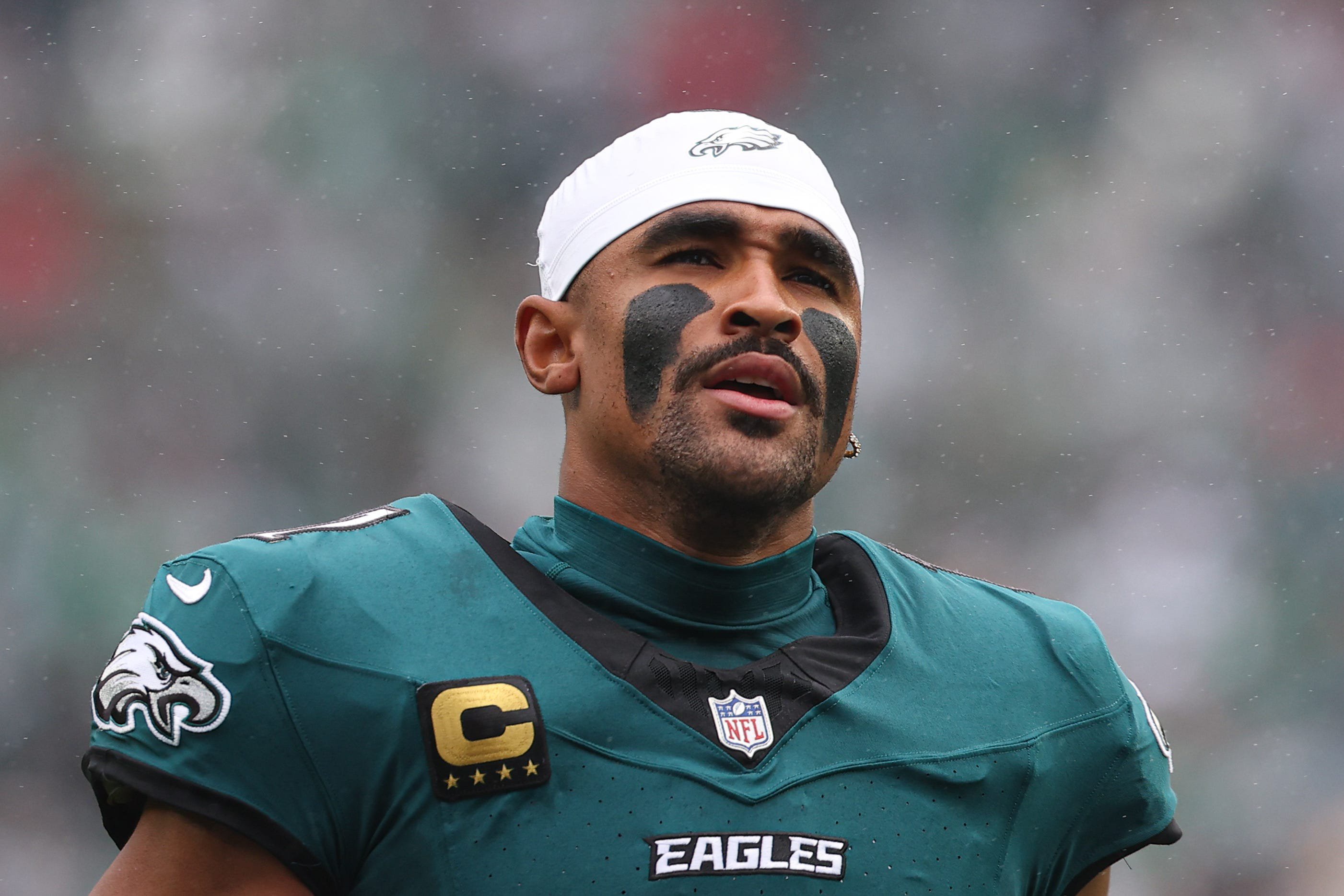 Oct 4, 2026; Philadelphia, Pennsylvania, USA; Philadelphia Eagles quarterback Jalen Hurts (1) before kick off against the Los Angeles Rams at Lincoln Financial Field. Mandatory Credit: Bill Streicher-Imagn Images