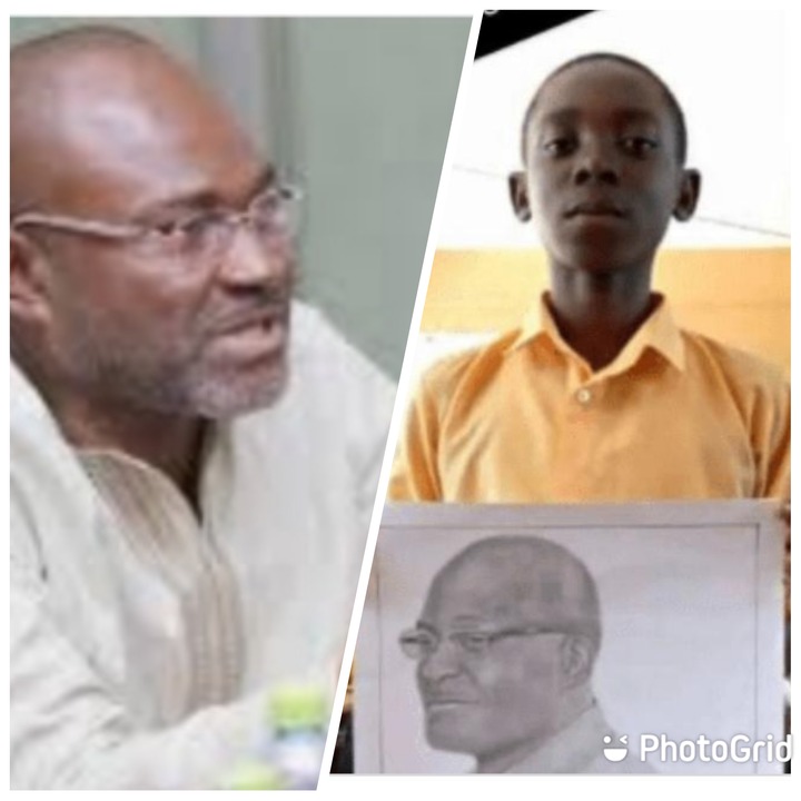 Kennedy Agyepong gives scholarship to a Primary School student who drew a pencil image of him.