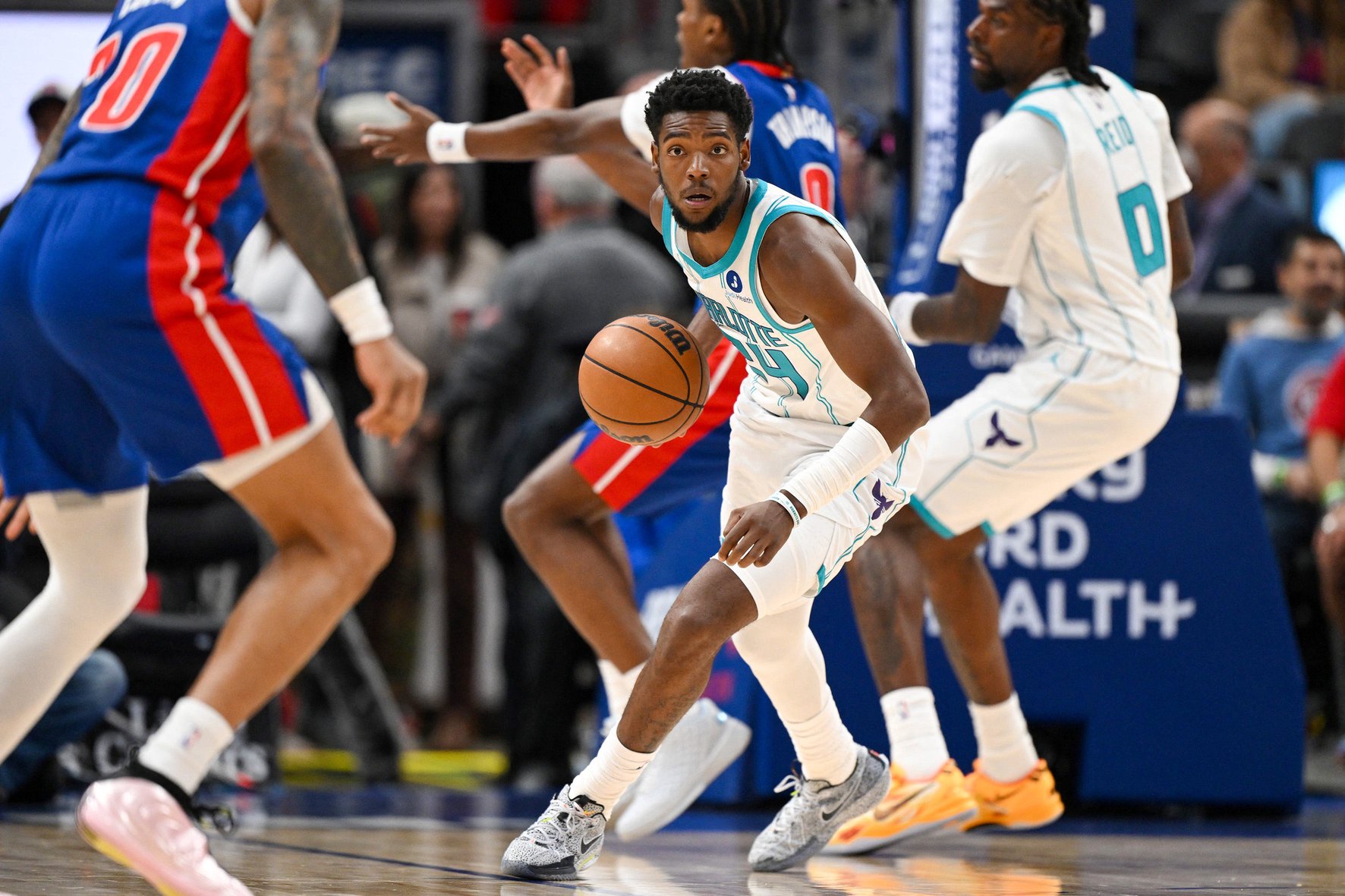 Oct 28, 2026; Detroit, Michigan, USA;  Charlotte Hornets forward Brandon Miller (24) takes the ball up the court against the Detroit Pistons in the second quarter at Little Caesars Arena.  Mandatory Credit: Lon Horwedel-Imagn Images
