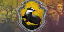 Hufflepuff Crest with members of Hufflepuff in the background