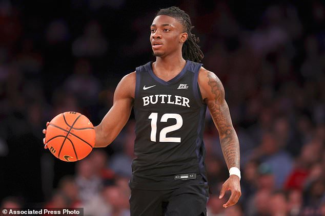 FILE - Butler guard Kolby King (12), who has since transferred to Auburn, dribbles during the second half of an NCAA college basketball game against St. John's in the quarterfinals of the Big East Conference tournament, Thursday, March 13, 2025, in New York. (AP Photo/Pamela Smith, File)