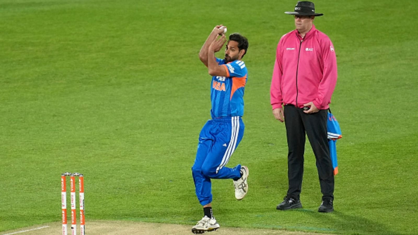 India's Bhuvneshwar Kumar bowls during the 3rd T20I against New Zealand at the Hnry Stadium in Wellington on October 27, 2026. 