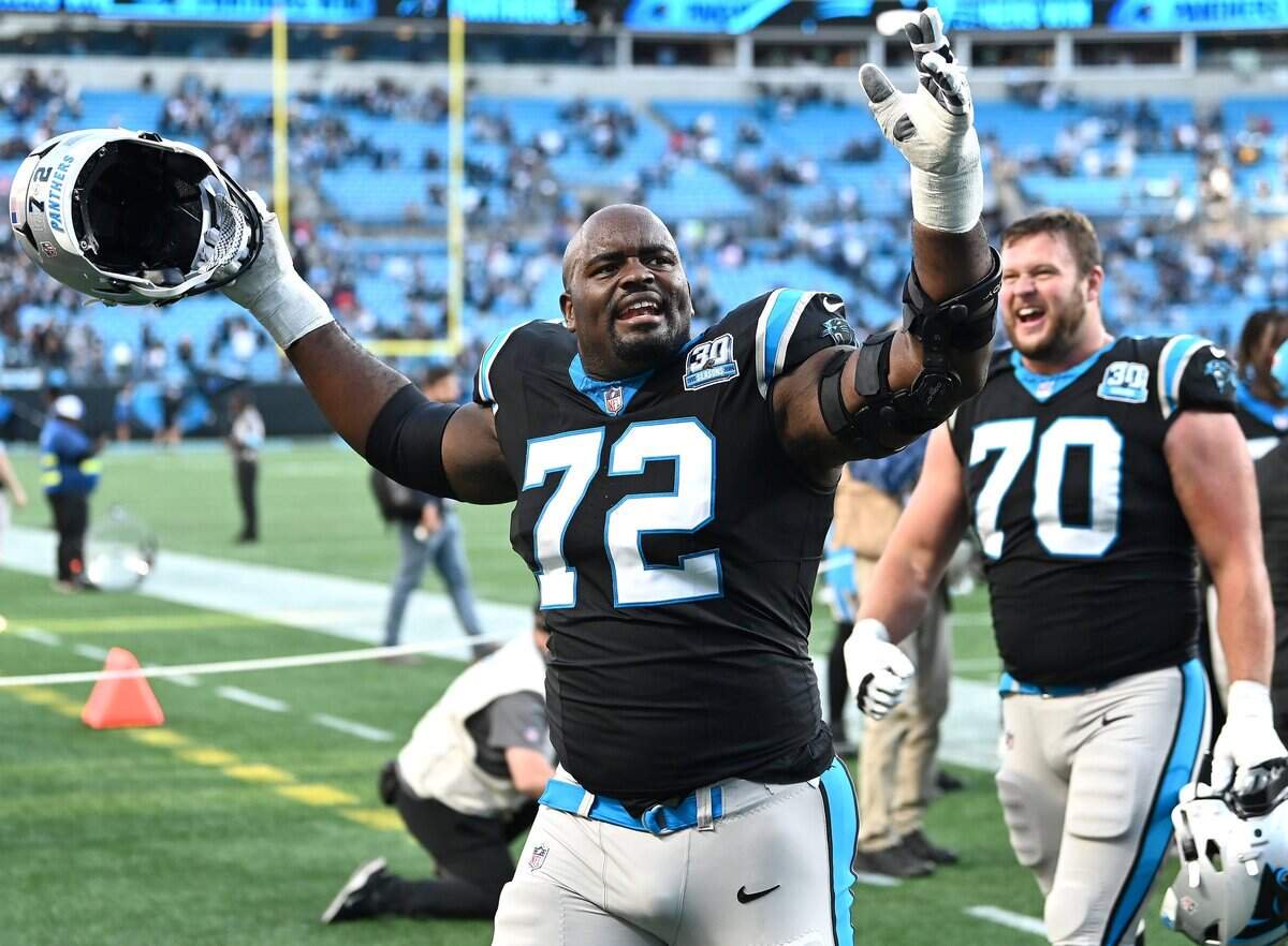 Carolina Panthers tackle Taylor Moton (left) is questionable to return Sunday after missing the season’s first four games due to health issues.
